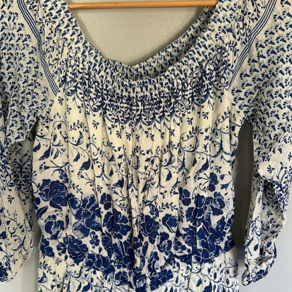 Anthropology, blue, and white romper with pockets - Picture 2 of 3